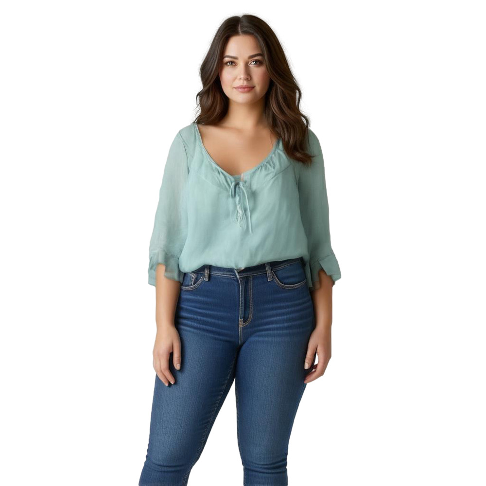 Lane Bryant Womens 14/16 Plus Blue Green Linen Lace Up Ruffle Tunic Blouse NWOT